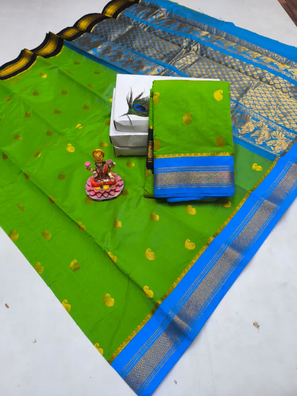 Traditional Black Silk Cotton Saree with Green Rich Pallu